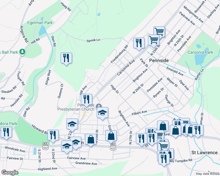 map of restaurants, bars, coffee shops, grocery stores, and more near 430 North 25th Street in Reading