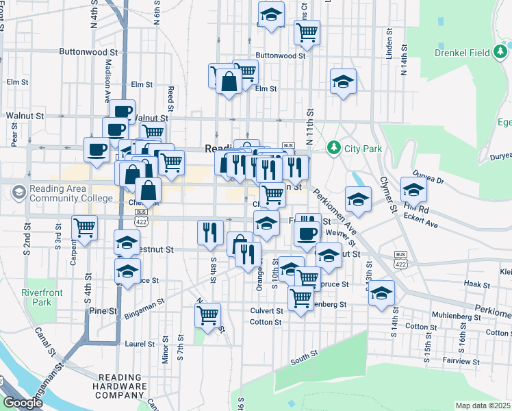 map of restaurants, bars, coffee shops, grocery stores, and more near 914 Cherry Street in Reading