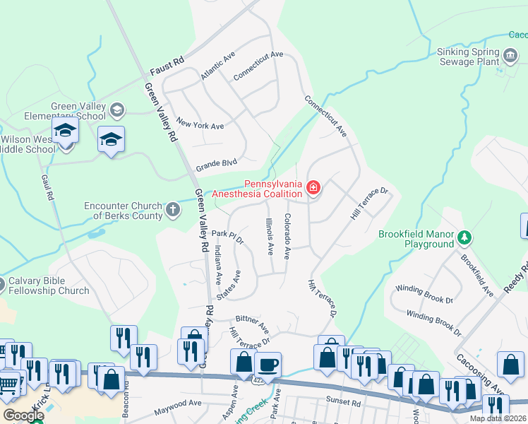 map of restaurants, bars, coffee shops, grocery stores, and more near 11 Illinois Avenue in Sinking Spring