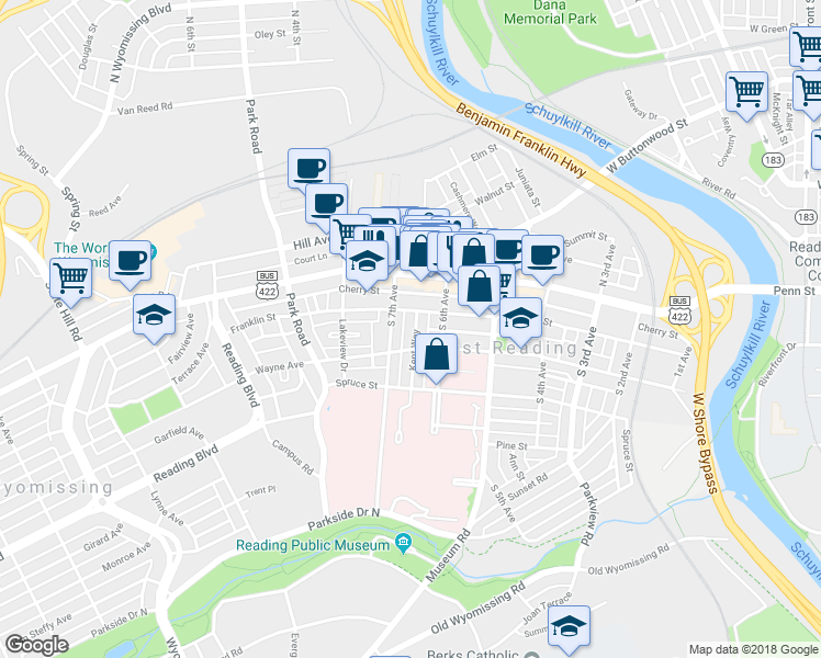 map of restaurants, bars, coffee shops, grocery stores, and more near 114 Kent Way in West Reading
