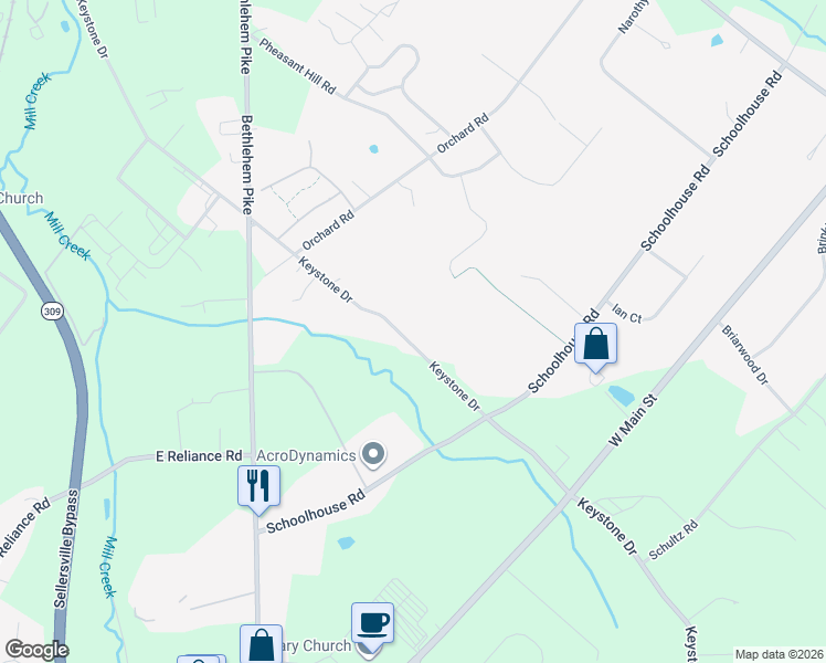 map of restaurants, bars, coffee shops, grocery stores, and more near 626 Keystone Drive in Sellersville