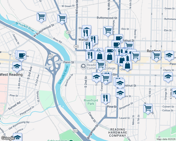 map of restaurants, bars, coffee shops, grocery stores, and more near 232 Franklin Street in Shoemakersville