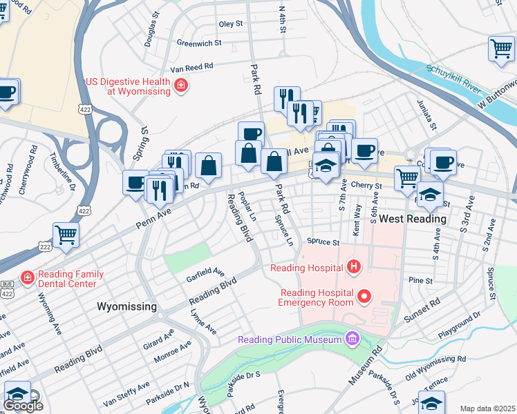 map of restaurants, bars, coffee shops, grocery stores, and more near 939 Wayne Avenue in Wyomissing
