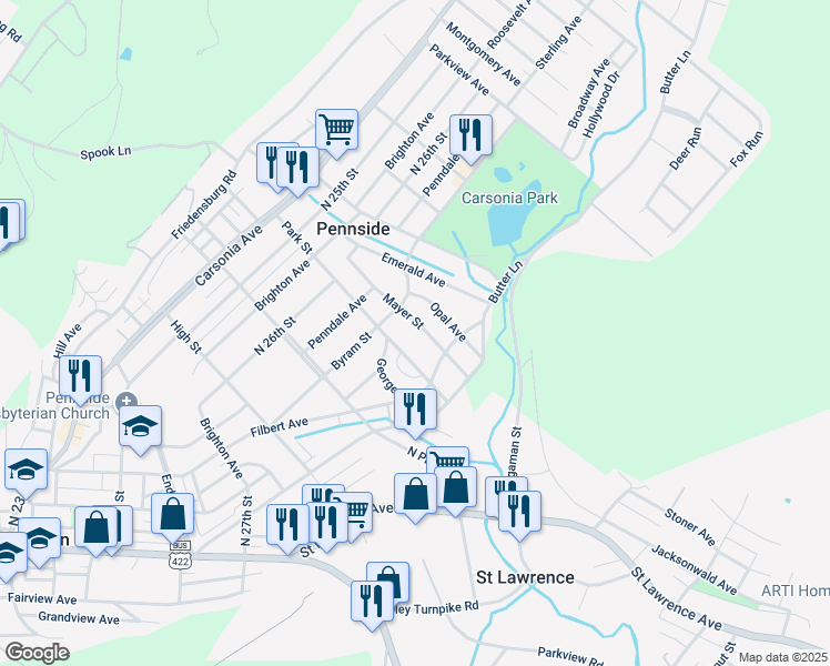 map of restaurants, bars, coffee shops, grocery stores, and more near 202 Opal Avenue in Reading