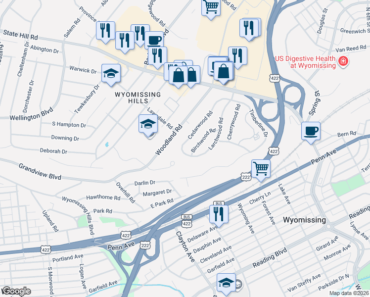 map of restaurants, bars, coffee shops, grocery stores, and more near 34 Cedarwood Road in Wyomissing