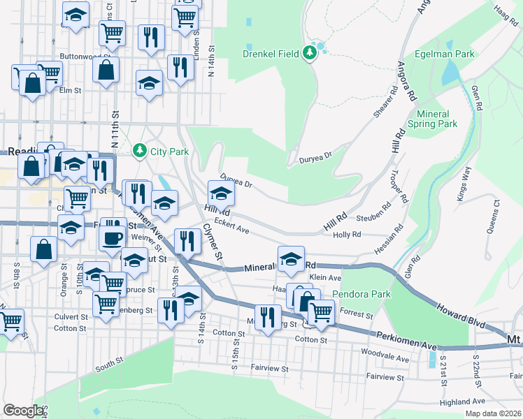 map of restaurants, bars, coffee shops, grocery stores, and more near 1515 Hill Road in Reading
