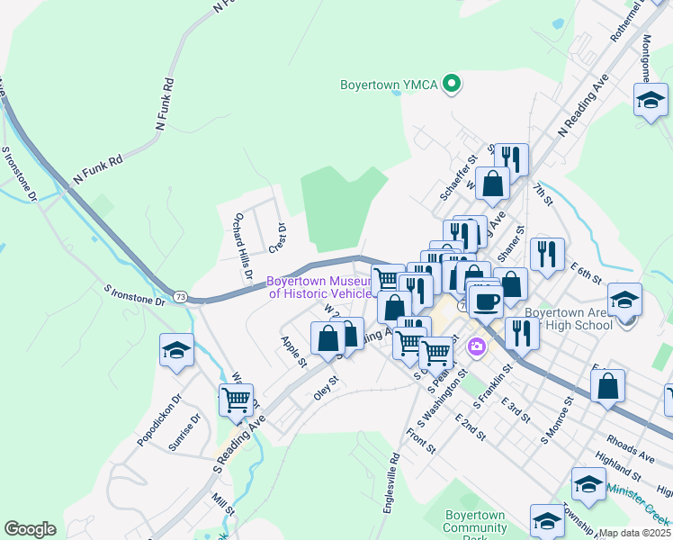 map of restaurants, bars, coffee shops, grocery stores, and more near 322 West Philadelphia Avenue in Boyertown