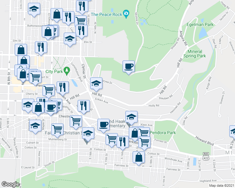 map of restaurants, bars, coffee shops, grocery stores, and more near 1517 Hill Road in Reading