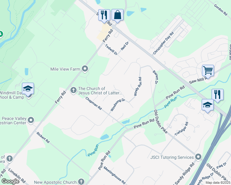 map of restaurants, bars, coffee shops, grocery stores, and more near 211 Southwind Drive in Doylestown