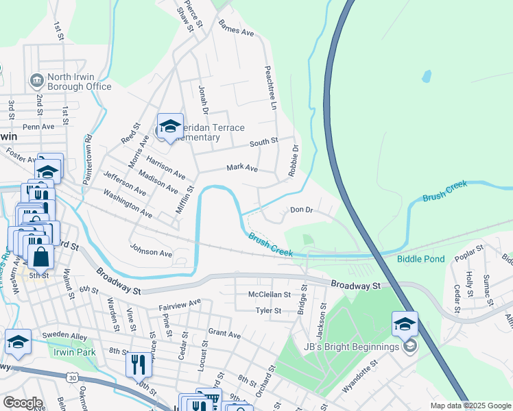 map of restaurants, bars, coffee shops, grocery stores, and more near 9860 Joan Drive in Irwin