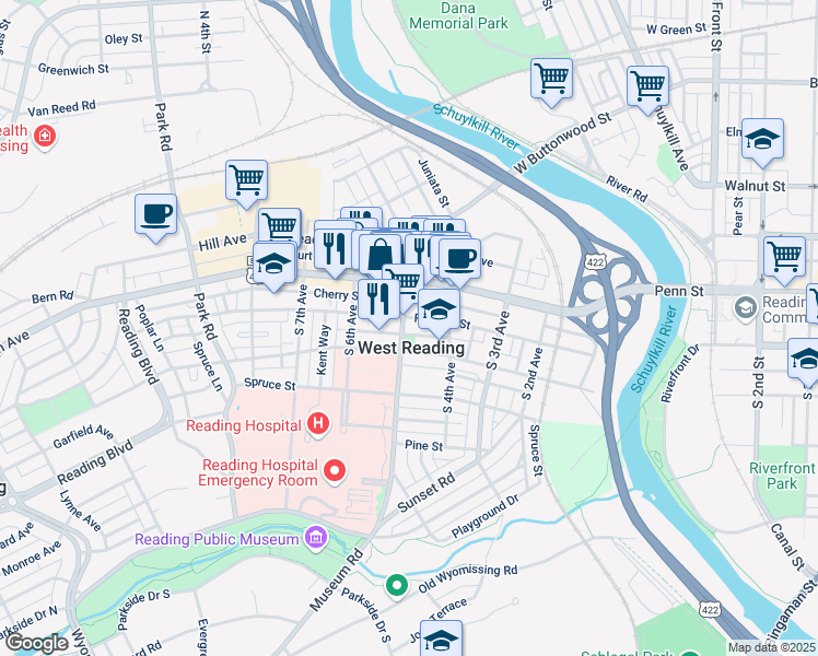 map of restaurants, bars, coffee shops, grocery stores, and more near 504 Cherry Street in West Reading