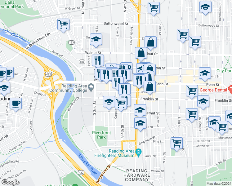 map of restaurants, bars, coffee shops, grocery stores, and more near 322 Cherry Street in Reading