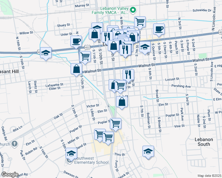 map of restaurants, bars, coffee shops, grocery stores, and more near 329 South 9th Street in Lebanon