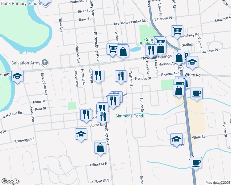 map of restaurants, bars, coffee shops, grocery stores, and more near 158 Yale Boulevard in Shrewsbury