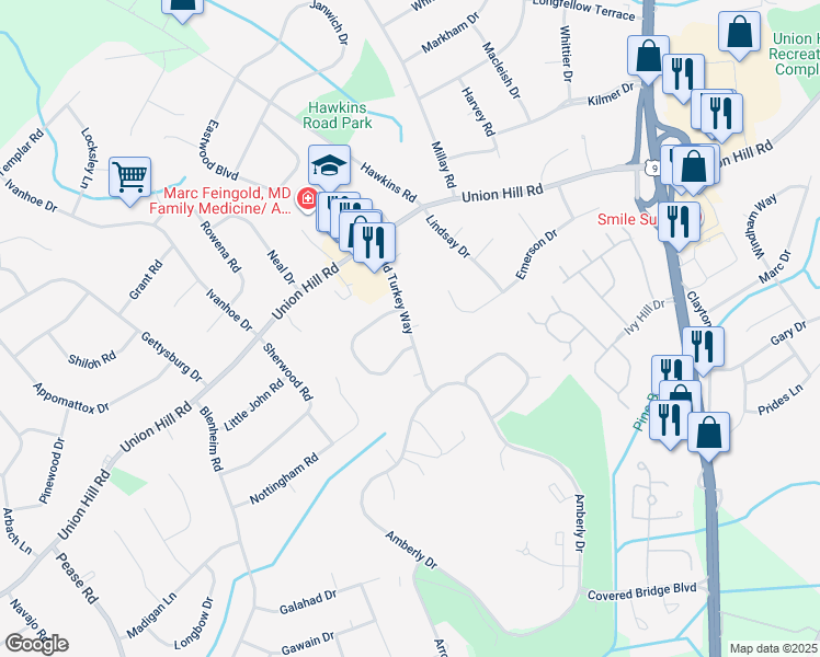 map of restaurants, bars, coffee shops, grocery stores, and more near 45 Wild Turkey Way in Manalapan Township