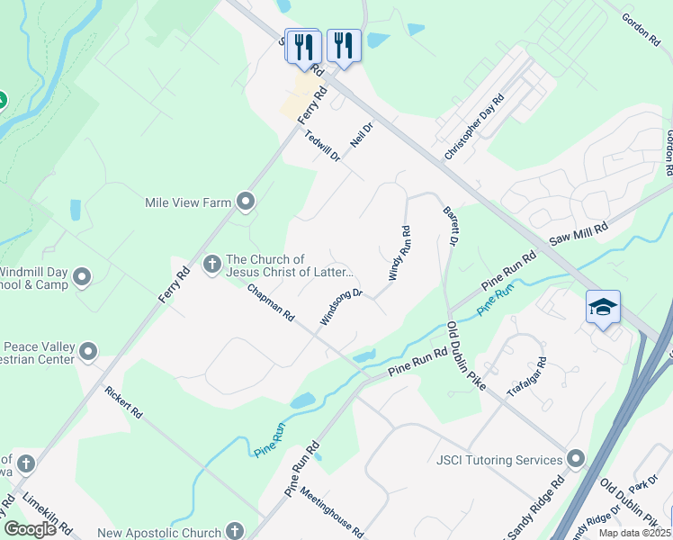 map of restaurants, bars, coffee shops, grocery stores, and more near 211 Southwind Drive in Doylestown