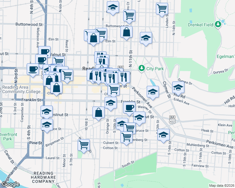 map of restaurants, bars, coffee shops, grocery stores, and more near 1000 Penn Street in Reading