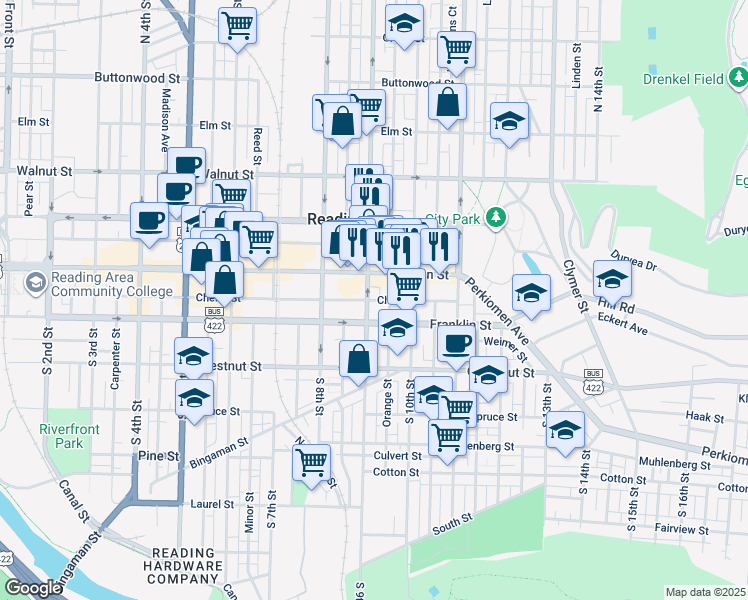map of restaurants, bars, coffee shops, grocery stores, and more near 916 Penn Street in Reading