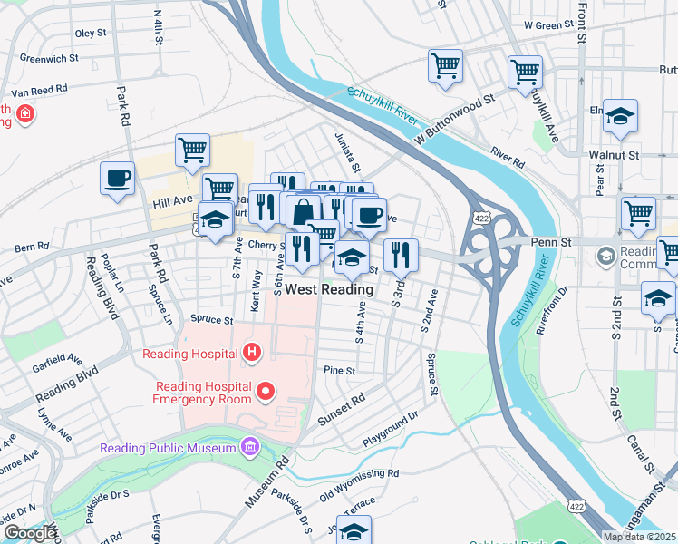 map of restaurants, bars, coffee shops, grocery stores, and more near 417 Cherry Street in West Reading