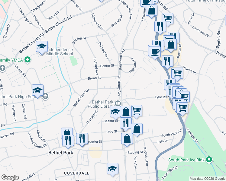 map of restaurants, bars, coffee shops, grocery stores, and more near 2616 Bethel Crest Drive in Bethel Park