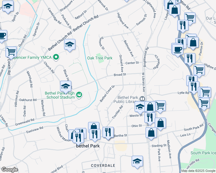 map of restaurants, bars, coffee shops, grocery stores, and more near 2661 Broad Street in Bethel Park