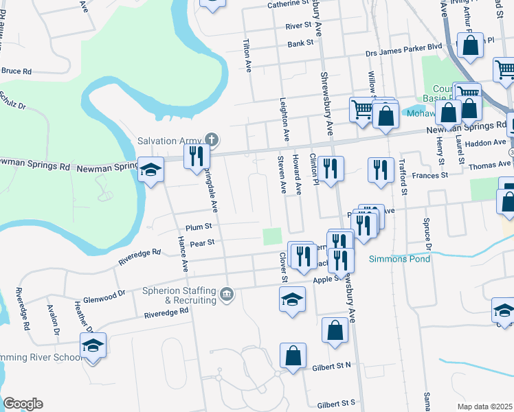 map of restaurants, bars, coffee shops, grocery stores, and more near 56 William Street in Tinton Falls