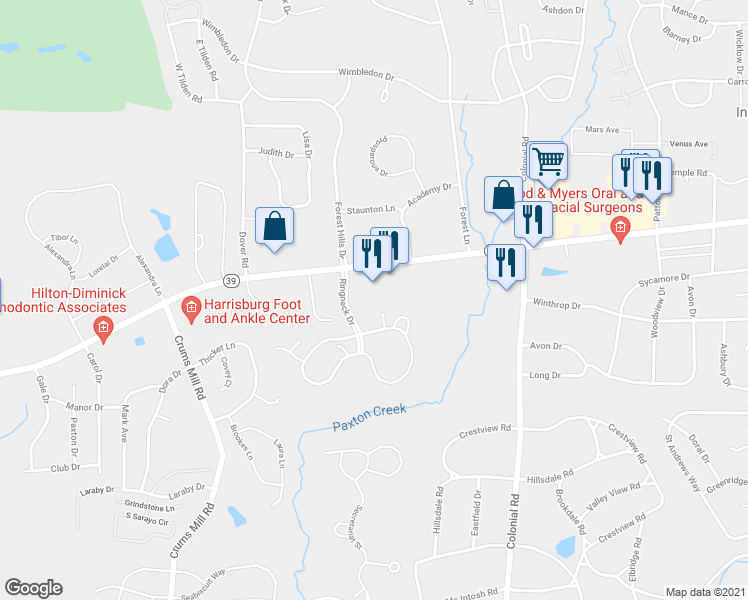 map of restaurants, bars, coffee shops, grocery stores, and more near 73 Ringneck Drive in Harrisburg