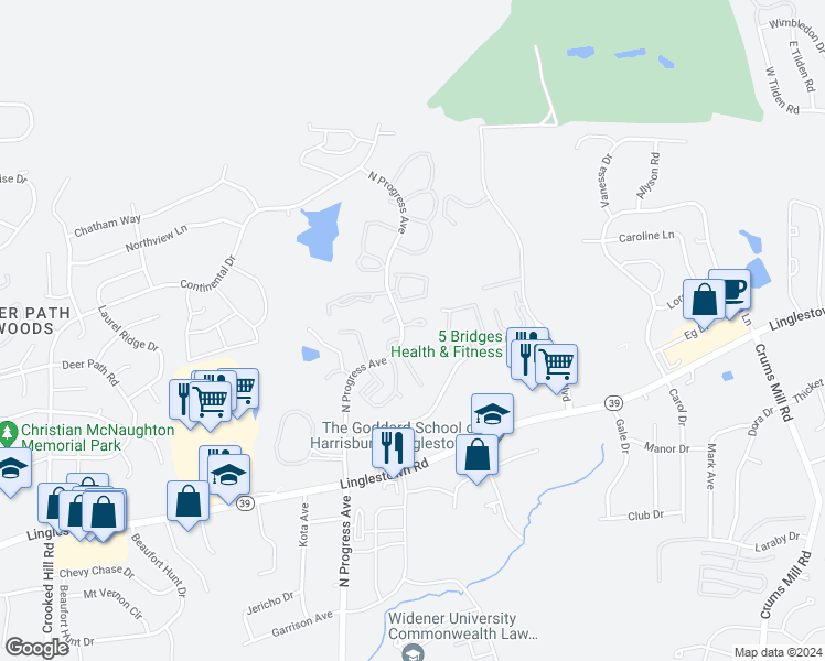map of restaurants, bars, coffee shops, grocery stores, and more near 305 Woodland View Court in Harrisburg