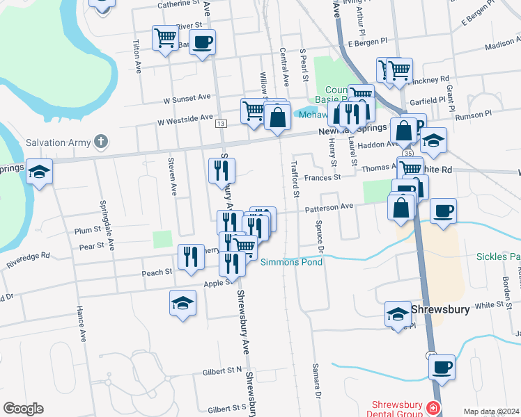 map of restaurants, bars, coffee shops, grocery stores, and more near 158 Yale Boulevard in Shrewsbury