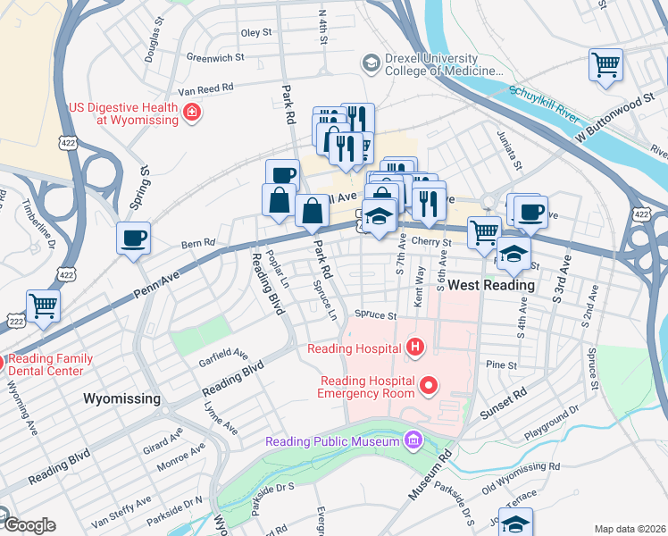 map of restaurants, bars, coffee shops, grocery stores, and more near 19 Park Road in Reading