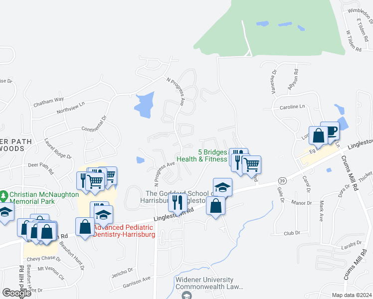 map of restaurants, bars, coffee shops, grocery stores, and more near 305 Woodland View Court in Harrisburg