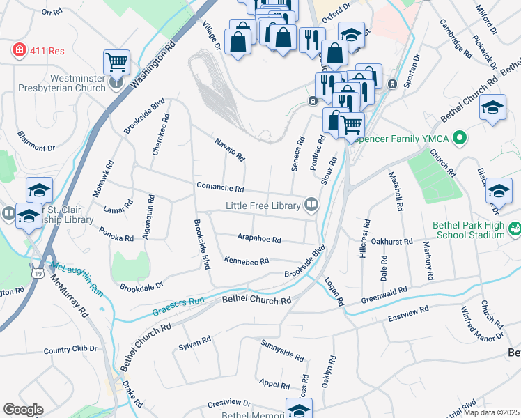 map of restaurants, bars, coffee shops, grocery stores, and more near 3220 Apache Road in Pittsburgh