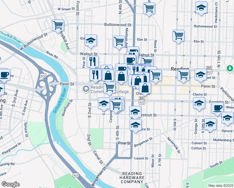 map of restaurants, bars, coffee shops, grocery stores, and more near 30 South 4th Street in Reading