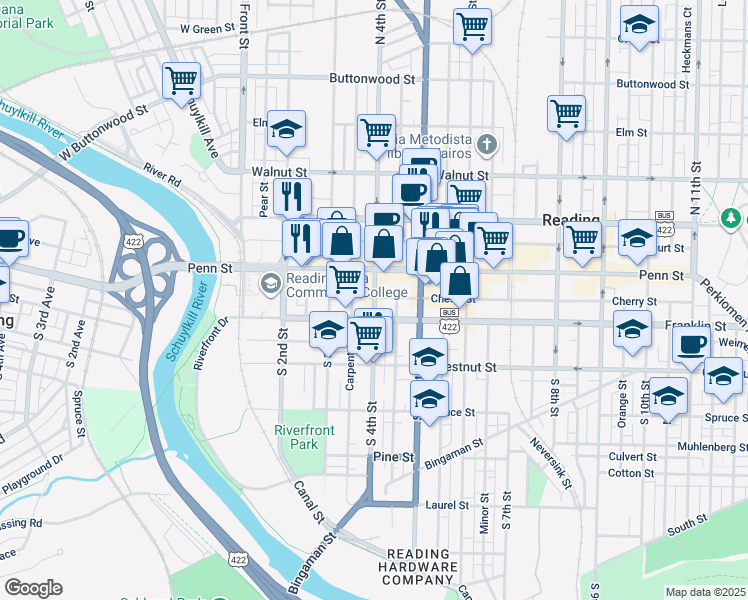 map of restaurants, bars, coffee shops, grocery stores, and more near 30 South 4th Street in Reading