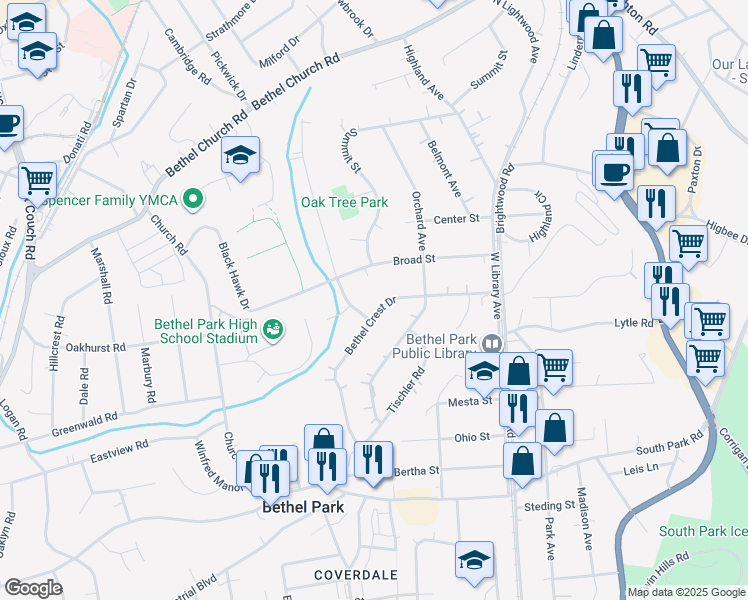 map of restaurants, bars, coffee shops, grocery stores, and more near 2661 Broad Street in Bethel Park