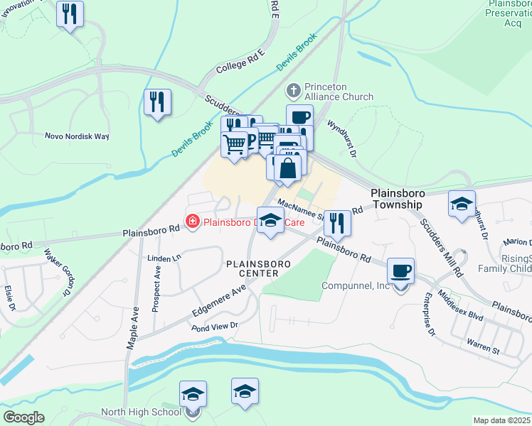 map of restaurants, bars, coffee shops, grocery stores, and more near 501 Plainsboro Road in Plainsboro Township
