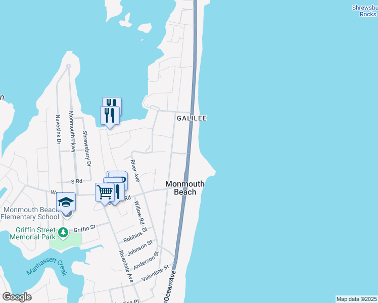 map of restaurants, bars, coffee shops, grocery stores, and more near 75 Ocean Avenue in Monmouth Beach