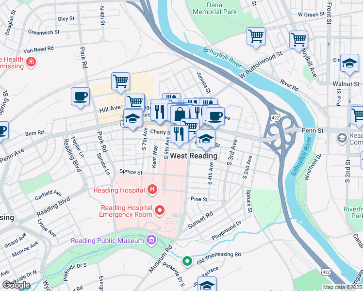 map of restaurants, bars, coffee shops, grocery stores, and more near 520 Franklin Street in West Reading