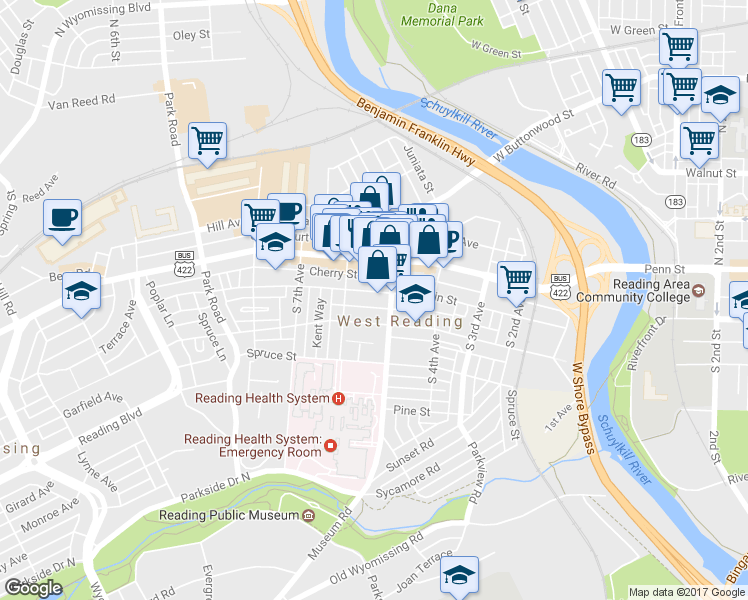 map of restaurants, bars, coffee shops, grocery stores, and more near 520 Franklin Street in West Reading