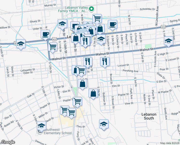 map of restaurants, bars, coffee shops, grocery stores, and more near 761 Locust Street in Lebanon