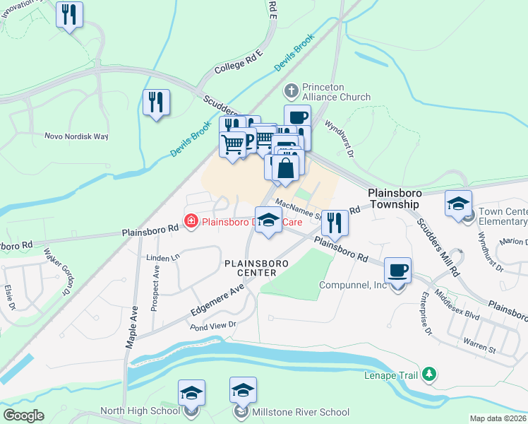 map of restaurants, bars, coffee shops, grocery stores, and more near 501 Plainsboro Road in Plainsboro Township