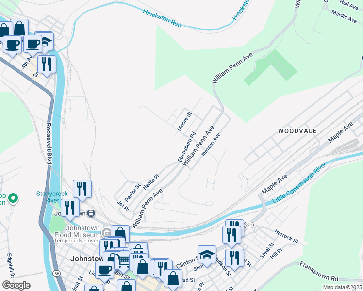 map of restaurants, bars, coffee shops, grocery stores, and more near Ebensburg Road in Johnstown
