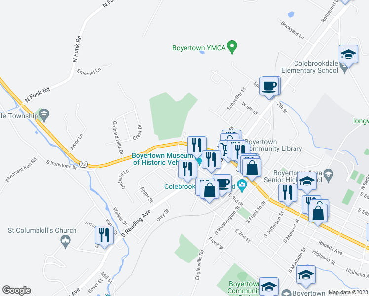 map of restaurants, bars, coffee shops, grocery stores, and more near 212 West Philadelphia Avenue in Boyertown