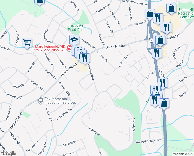 map of restaurants, bars, coffee shops, grocery stores, and more near 45 Wild Turkey Way in Manalapan Township