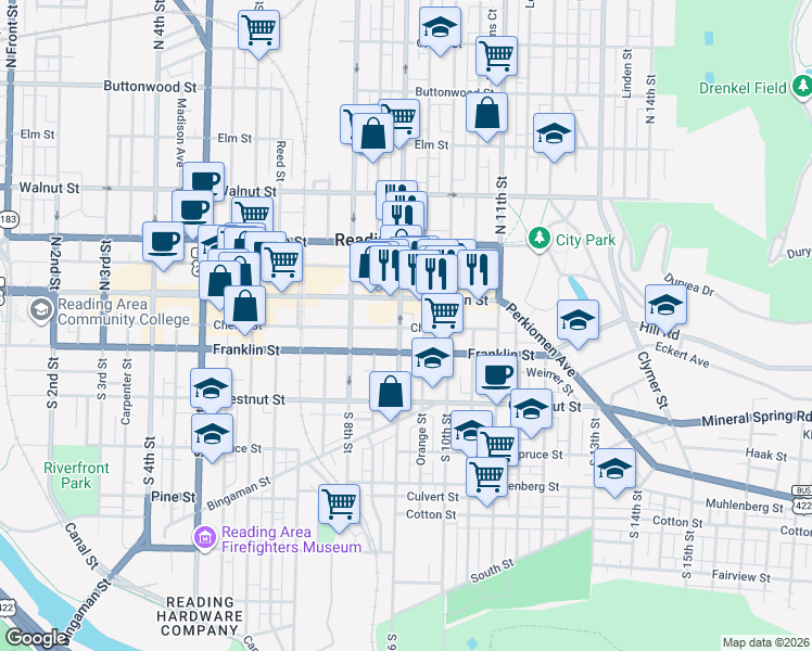 map of restaurants, bars, coffee shops, grocery stores, and more near 916 Penn Street in Reading