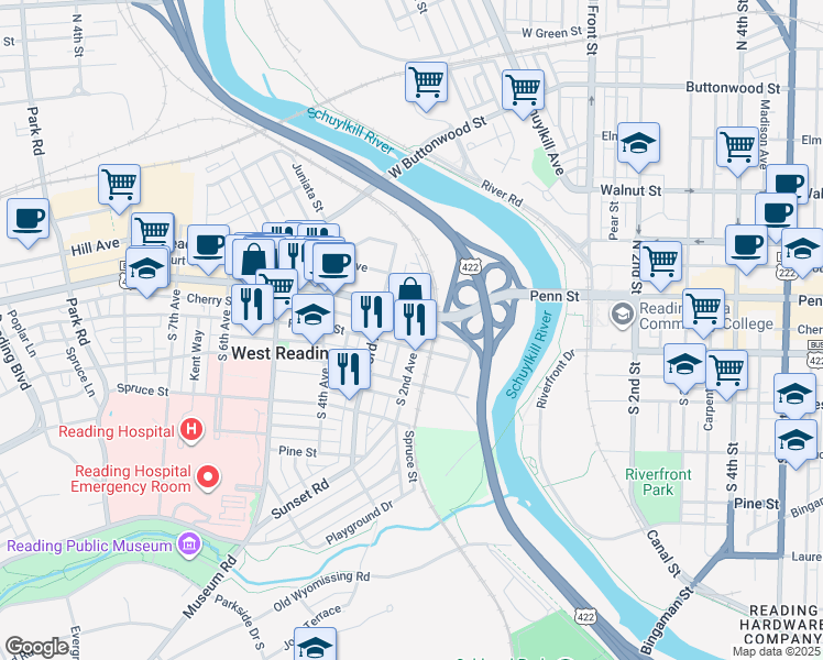 map of restaurants, bars, coffee shops, grocery stores, and more near 200 Penn Avenue in West Reading