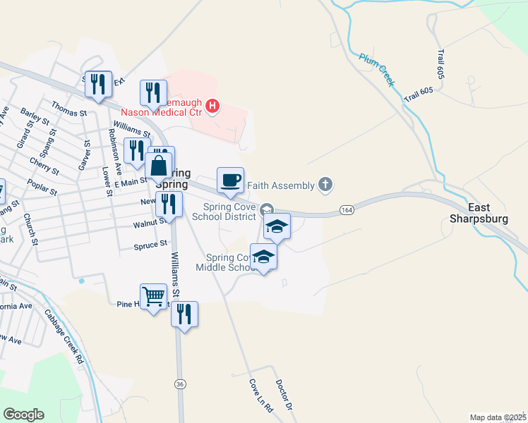 map of restaurants, bars, coffee shops, grocery stores, and more near 185 Spring Garden Circle in Roaring Spring
