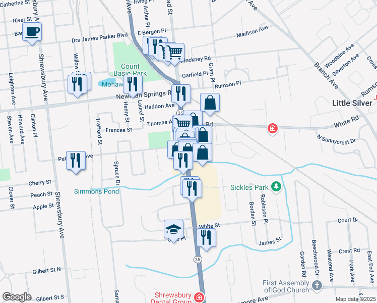 map of restaurants, bars, coffee shops, grocery stores, and more near 499 New Jersey 35 in Shrewsbury