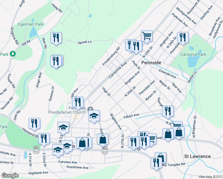 map of restaurants, bars, coffee shops, grocery stores, and more near 521 North 25th Street in Reading