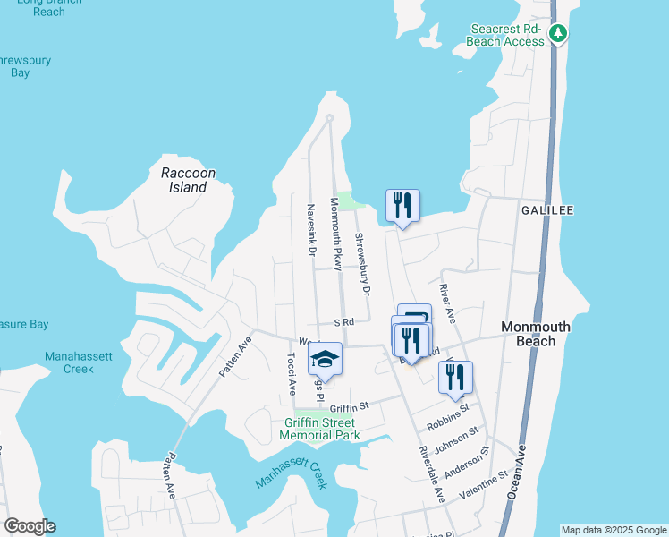 map of restaurants, bars, coffee shops, grocery stores, and more near 14 Center Road in Monmouth Beach